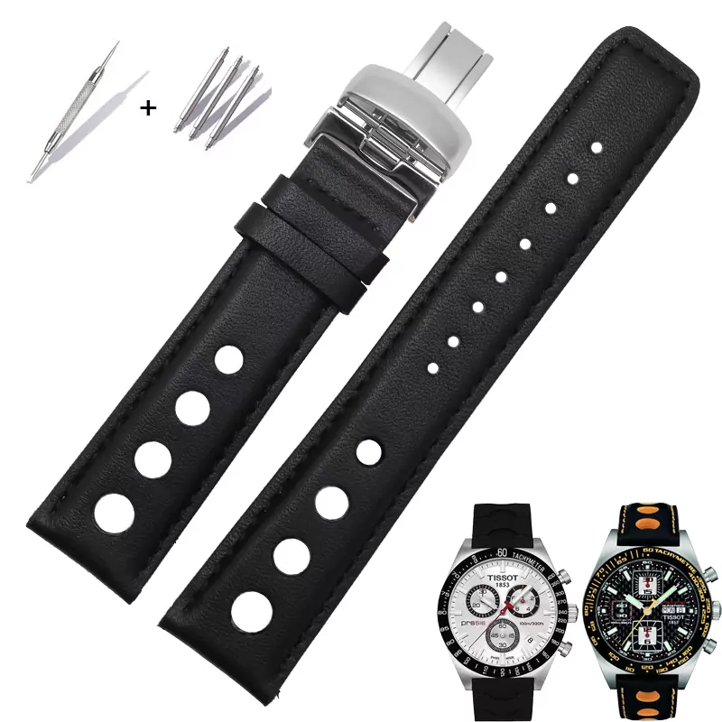 Racing Strap Bracelet for Tissot PRS516 Black Racing Strap for Tissot PRS516, T91, T021, T044 Perforated Leather - 20mm
