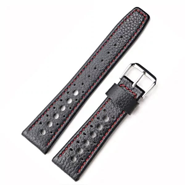 Black Corfam Strap-6 Black & Red Corfam Racing Leather Strap for Rolex, Omega, Universal 20,22mm