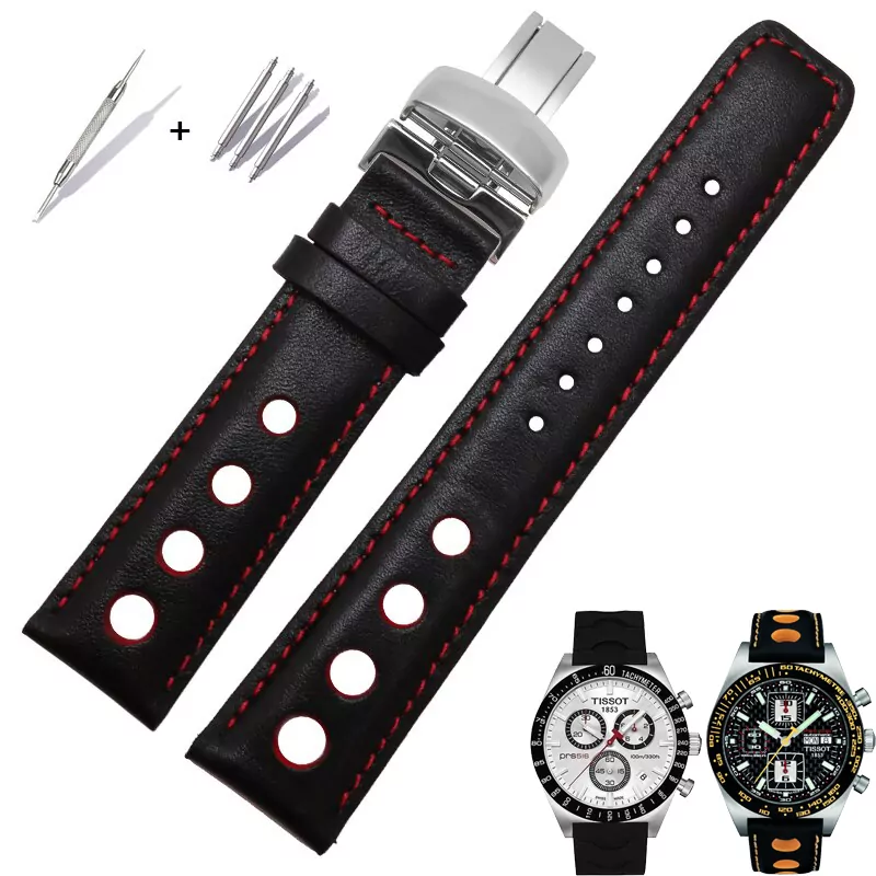 Racing Strap Bracelet for Tissot PRS516 Black & Red Racing Strap for Tissot PRS516, T91, T021, T044 20mm Perforated Leather