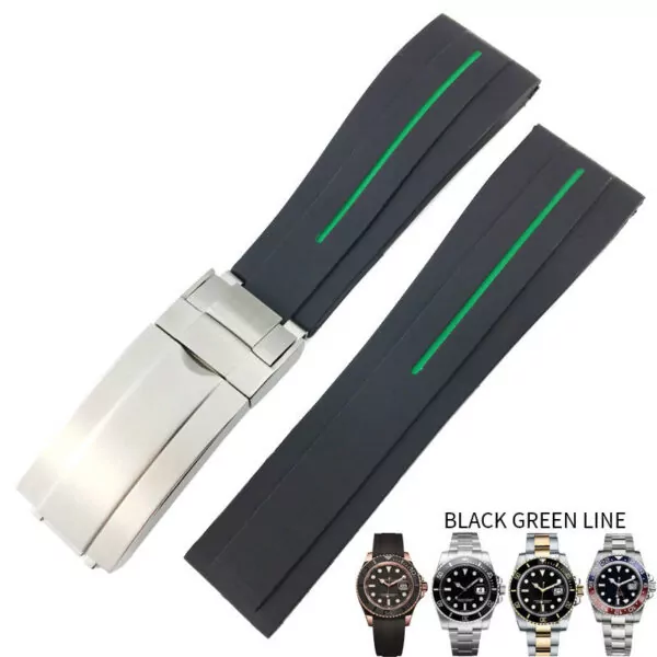 4_20mm-21mm-bracelet-de-montre-en-caoutchouc-de-Silicone-nouveau-Style-bracelet-de-montre-Ultra-court copy Black & Green Line Rubber Strap for Rolex Submariner, Hulk, GMT - 20mm