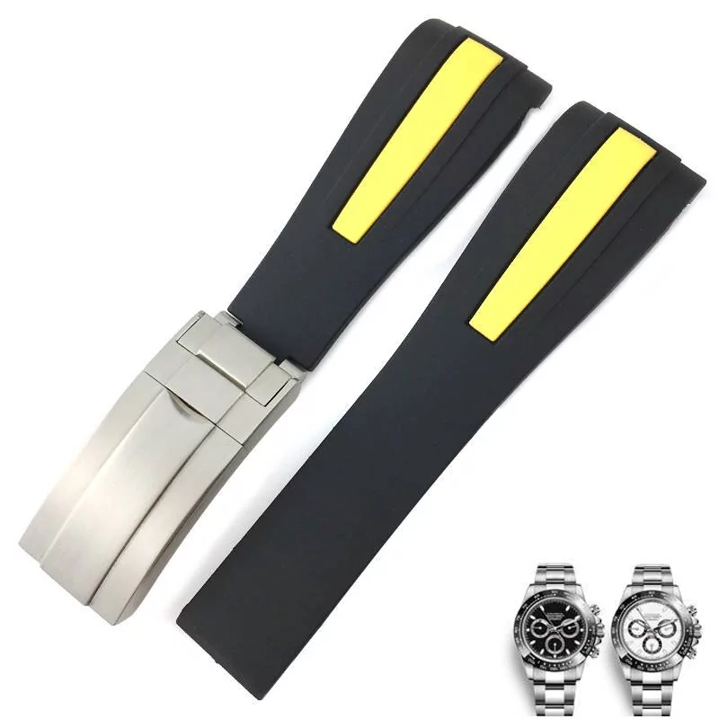 9_Bracelet-de-montre-en-Silicone-Interface-incurv-e-19-20-21-22mm-bracelet-de-montre-de Black & Yellow Rubber Strap for Rolex Milgauss, Submariner, Daytona Barre Design - 20mm