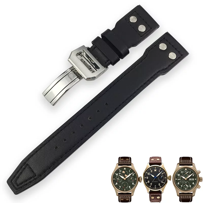 20_21mm-22mm-bracelet-de-montre-en-cuir-de-vachette-italien-boucle-pliante-bracelet-de-montre-en Black Rivet Strap Band IWC Pilot Spitfire, Top Gun In Calf Leather 20,21,22mm