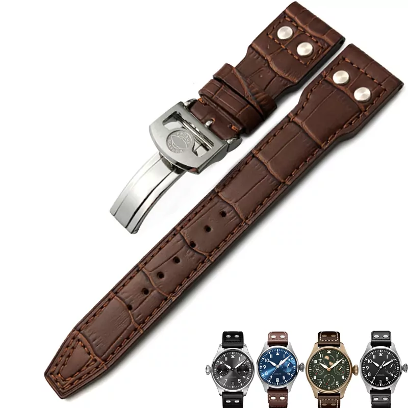 3_20mm-21mm-22mm-Rivet-cuir-de-veau-bracelet-de-montre-pour-IWC-montre-grand-pilote-IW5009 Brown Rivet Strap Band IWC Pilot Spitfire, Top Gun In Calf Leather with printed Crocodile/Alligator Grain 20,21,22mm