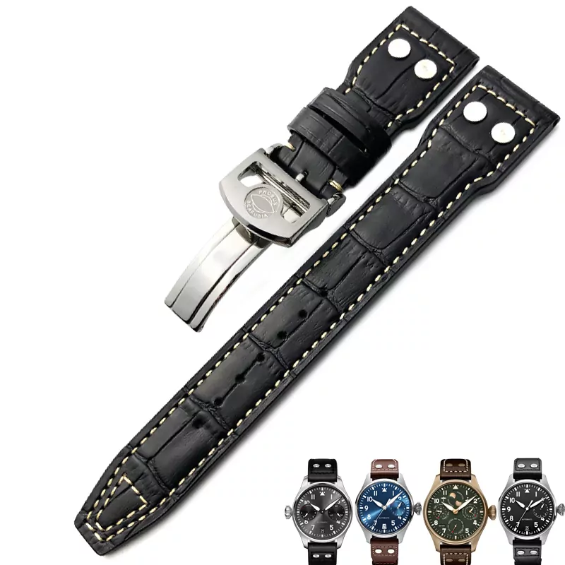 5_20mm-21mm-22mm-Rivet-cuir-de-veau-bracelet-de-montre-pour-IWC-montre-grand-pilote-IW5009 Black Rivet Strap Band IWC Pilot Spitfire, Top Gun In Calf Leather with printed Crocodile/Alligator Grain 20,21,22mm