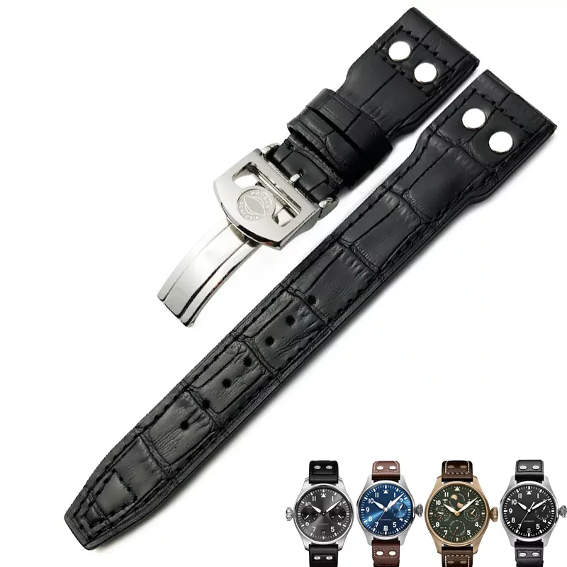 1_20mm-21mm-22mm-Rivet-cuir-de-veau-bracelet-de-montre-pour-IWC-montre-grand-pilote-IW5009 Black Rivet Strap Band IWC Pilot Spitfire, Top Gun In Calf Leather with printed Crocodile/Alligator Grain 20,21,22mm