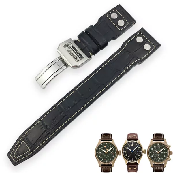 3_21mm-22mm-bracelet-de-montre-en-cuir-de-vachette-italien-boucle-pliante-bracelet-de-montre-en Black Rivet Strap Band IWC Pilot Spitfire, Top Gun In Calf Leather with printed Crocodile/Alligator Grain 20,21,22mm