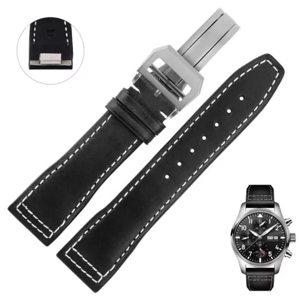 black-silver_bracelet-de-montre-en-cuir-de-veau-itali_variants-10 Black & White Quick-Release Strap Band For IWC Pilot, Portofino, Portugeiser in Genuine Calf Leather - 20, 21mm