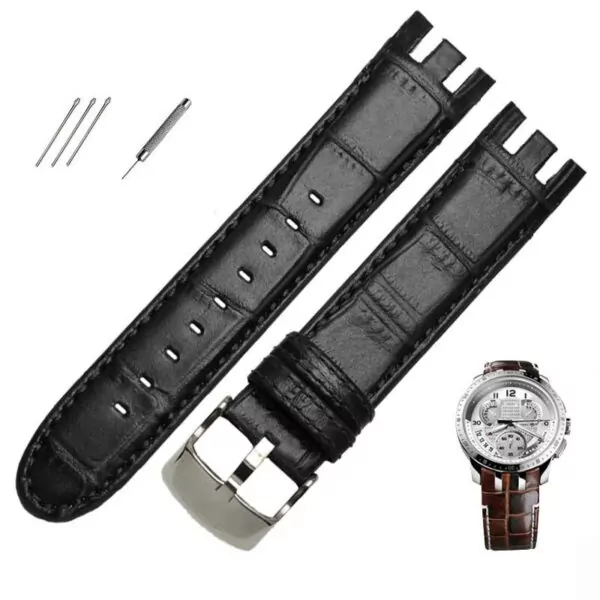 Black bamboo_racelet-de-montre-en-cuir-veritable-de_variants-5 Black Strap Band For Swatch Cold Hour In Calf Leather with printed Crocodile/Alligator Grain - 21mm