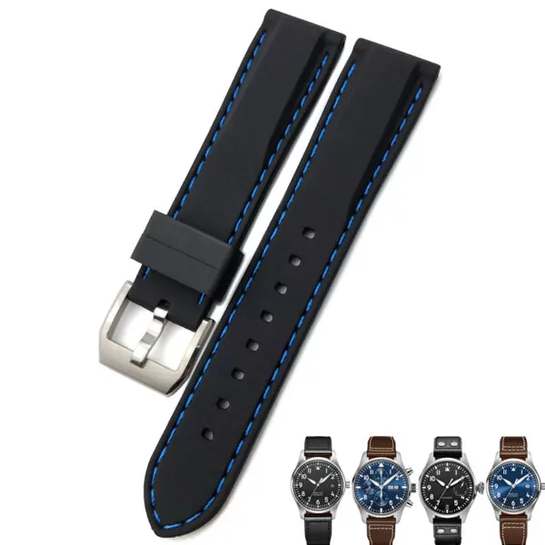 3_Bracelet-de-montre-en-Silicone-caoutchouc-20-21-22mm-pour-IWC-MARK-Pilot-Spitfire-PORTOFINO-IW377701 Black Strap Band IWC Pilot Spitfire, Top Gun In Rubber with Blue Stitching