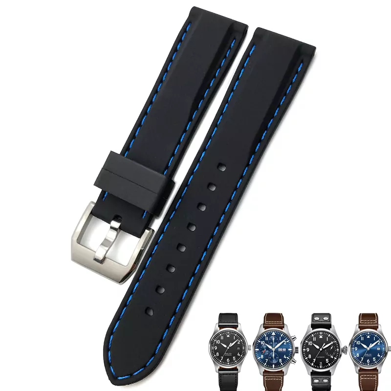 3_Bracelet-de-montre-en-Silicone-caoutchouc-20-21-22mm-pour-IWC-MARK-Pilot-Spitfire-PORTOFINO-IW377701 Black Strap Band IWC Pilot Spitfire, Top Gun In Rubber with Blue Stitching