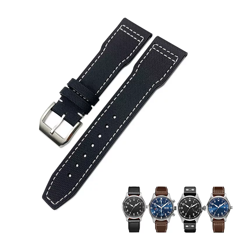 2_20-21-22mm-bracelet-de-montre-en-Nylon-de-haute-qualit-en-cuir-de-veau-adapt Black Strap Band IWC Pilot Spitfire, Top Gun In Nylon with White Stitching 20,21,22mm