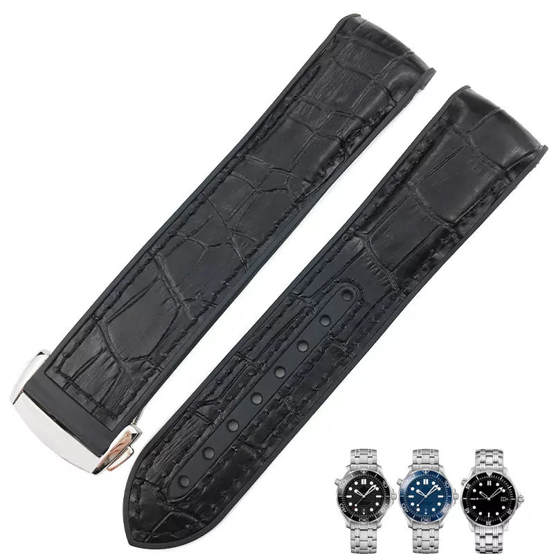 19mm-20mm-21mm-22mm-strap-rubber-crocodile-omega-speedmaster-seamaster-aftermarket-bracelet-5 Black Strap Bracelet for Omega Seamaster In Crocodile/Alligator Leather & Rubber