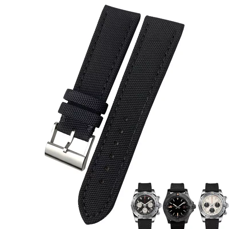 Black Silver_2-mm-haute-qualite-en-nylon-toile-tissu_variants-2 Black Strap for Aviator 8, Avenger, Breitling In Nylon & Leather Back 22mm
