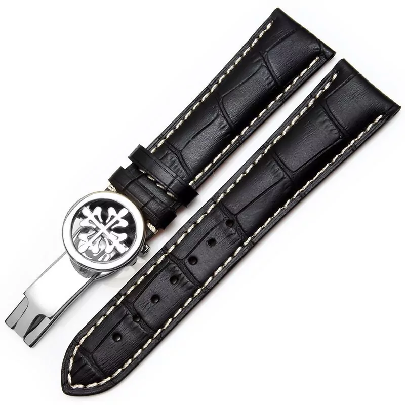8_Convient-pour-Patek-Philippe-bracelet-en-cuir-dame-PP-boutons-papillon-ceinture-crocodile-qualit-originale-20MM Black Strap For Calatrava Patek Philippe with White Stitching Leather Crocodile/Alligator Grain - 19, 20, 21, 22mm