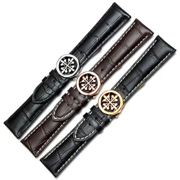 1_Convient-pour-Patek-Philippe-bracelet-en-cuir-dame-PP-boutons-papillon-ceinture-crocodile-qualit-originale-20MM (1) Black Strap For Calatrava Patek Philippe with White Stitching Leather Crocodile/Alligator Grain - 19, 20, 21, 22mm