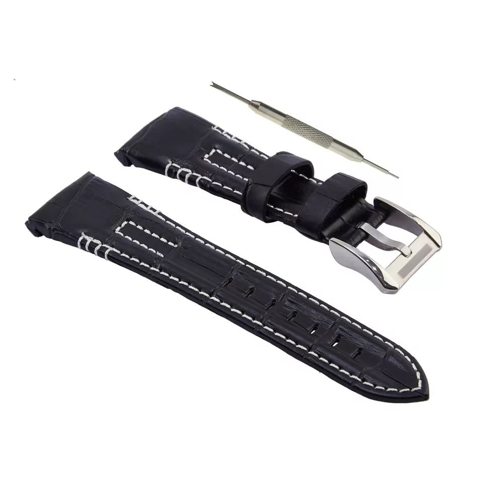 0_Bracelet-de-montre-26mm-en-cuir-v-ritable-pour-Seiko-Velatura-SKO100-SKO101-Tool-2 Black Strap for Seiko Velatura 26mm White Stitching In Printed Crocodile/Alligator Leather