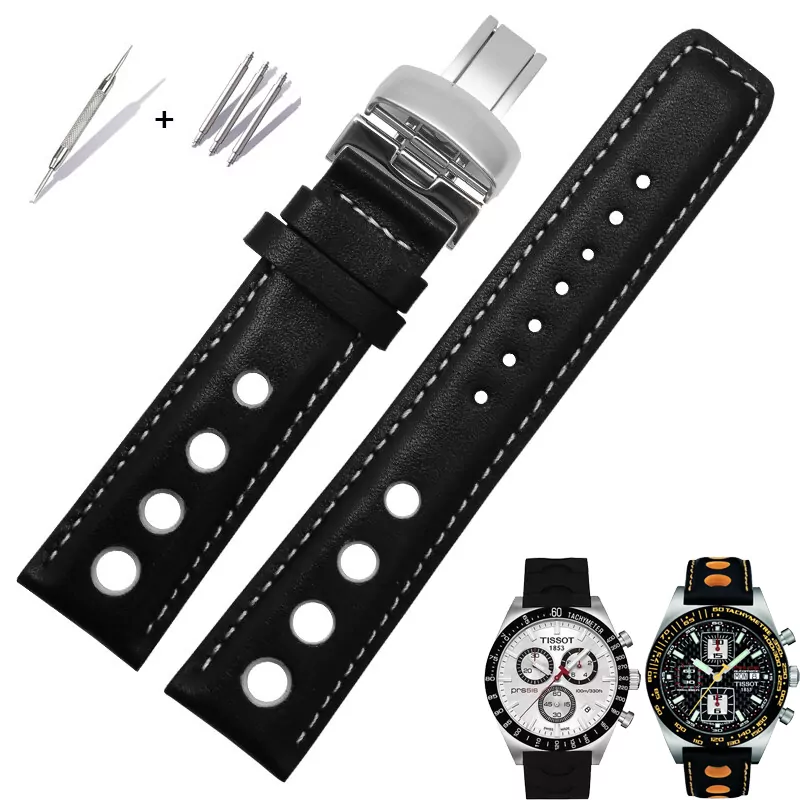 Racing Strap Bracelet for Tissot PRS516 Black & White Racing Strap for Tissot PRS516, T91, T021, T044 Perforated Leather - 20mm
