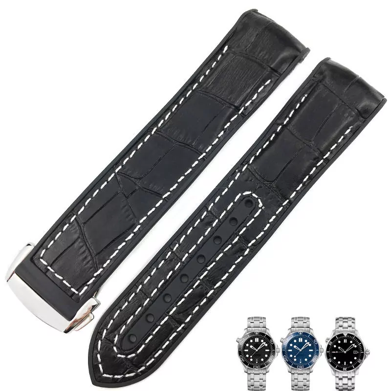 19mm-20mm-21mm-22mm-strap-rubber-crocodile-omega-speedmaster-seamaster-aftermarket-bracelet-2 Black & White Strap Bracelet for Omega Seamaster In Crocodile/Alligator Leather & Rubber