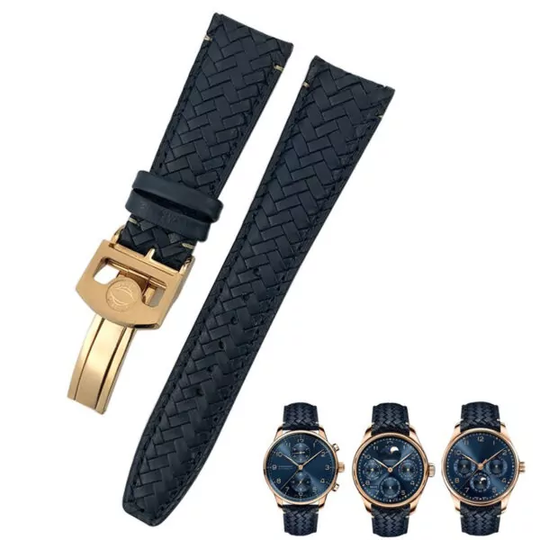 Blue Rose Buckle1_bracelet-en-cuir-de-vache-de-qualite-sup_variants-7 Blue Woven Cowhide Leather For IWC Portugieser Big Pilot- 3 Sizes
