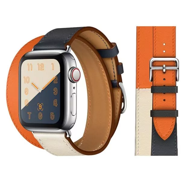 22_100-Bracelet-en-cuir-de-vache-v-ritable-Bracelet-de-ceinture-pour-Apple-Watch-5-4 Blue, Orange & White Double Tour Band Apple iWatch Hermes In Leather