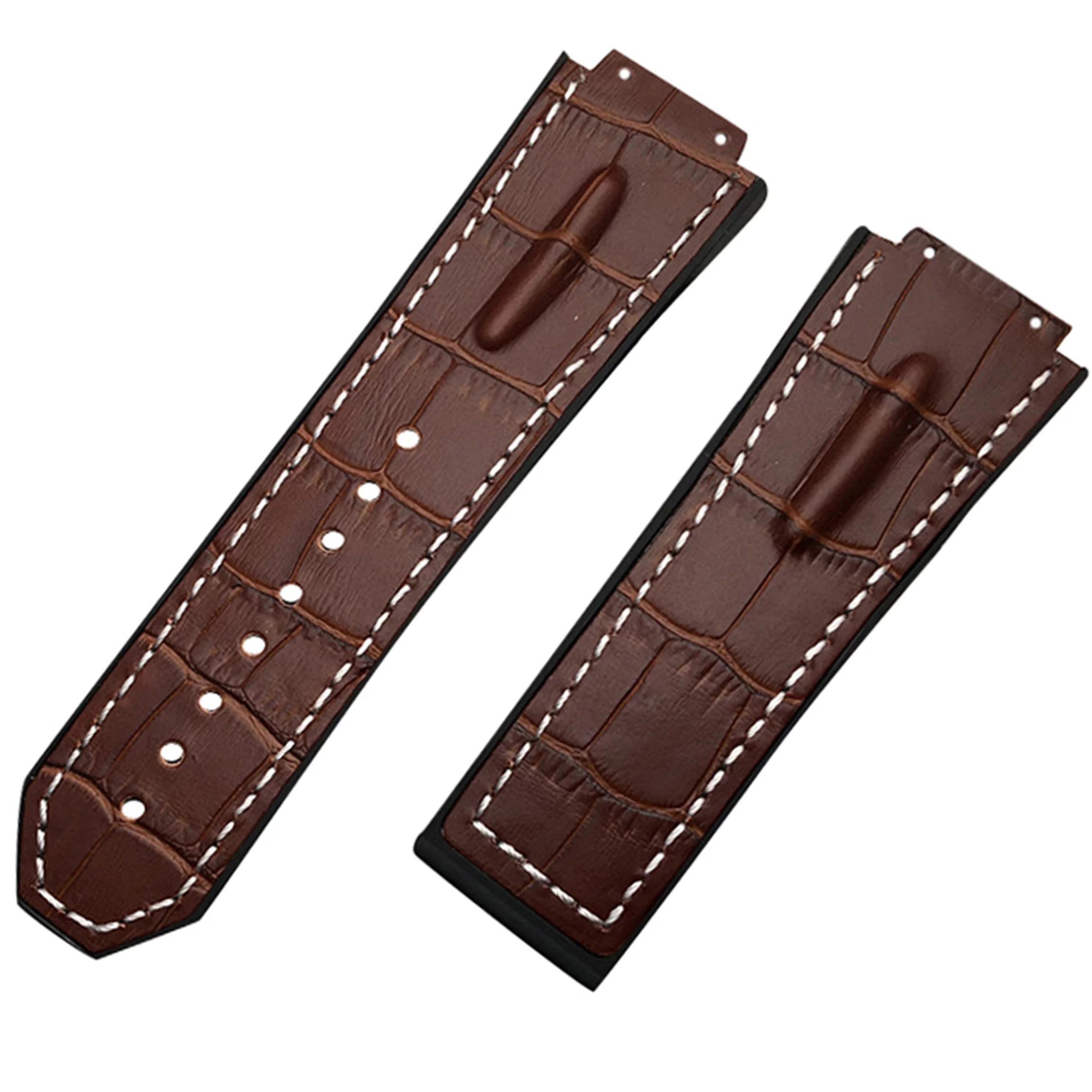 Corned:Horned Strap Bracelet for hublot Big Bang Unico 29mm Brown:whITE Brown & White Strap Band Hublot Big Bang King Power 29x19mm White Stitching in Printed Crocodile Hornback Leather