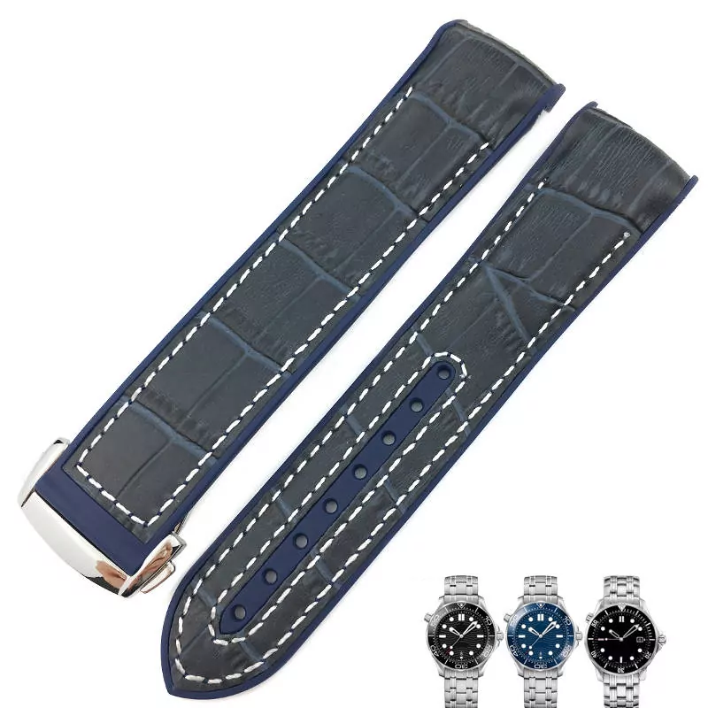 19mm-20mm-21mm-22mm-strap-rubber-crocodile-omega-speedmaster-seamaster-aftermarket-bracelet-12 Blue & White Strap Bracelet for Omega Seamaster In Crocodile/Alligator & Rubber - 19,20,21,22mm