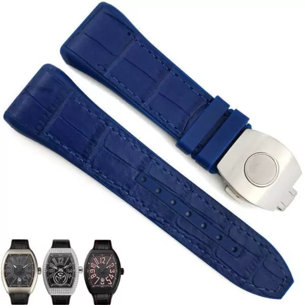 0_Bracelet-de-remplacement-boucle-pliante-en-Silicone-de-28mm-en-cuir-de-vachette-v-ritable-en Blue Strap With Crocodile Grain for Franck Muller Vanguard V45, V41 With Buckle