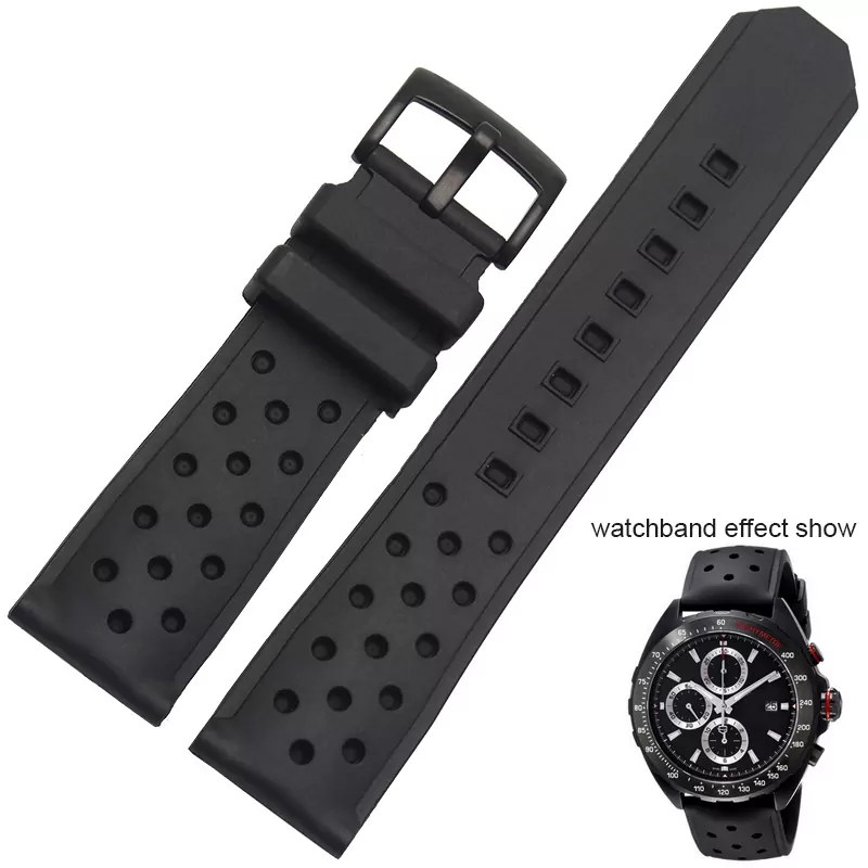 Bracelet-En-Caoutchouc-de-Silicone-bracelet-montres-band-bracelet-tanche-respirant-bracelet-22mm-noir-trous-ceinture Black Rubber Strap for TAG Heuer Formula One with Pin Buckle - 22mm - Black