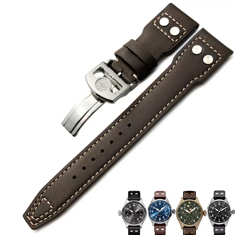 4_20mm-21mm-22mm-Rivet-cuir-de-veau-bracelet-de-montre-pour-IWC-montre-grand-pilote-IW5009 Brown Rivet Strap Band IWC Pilot Spitfire, Top Gun In Calf Leather White Stitching 20,21,22mm