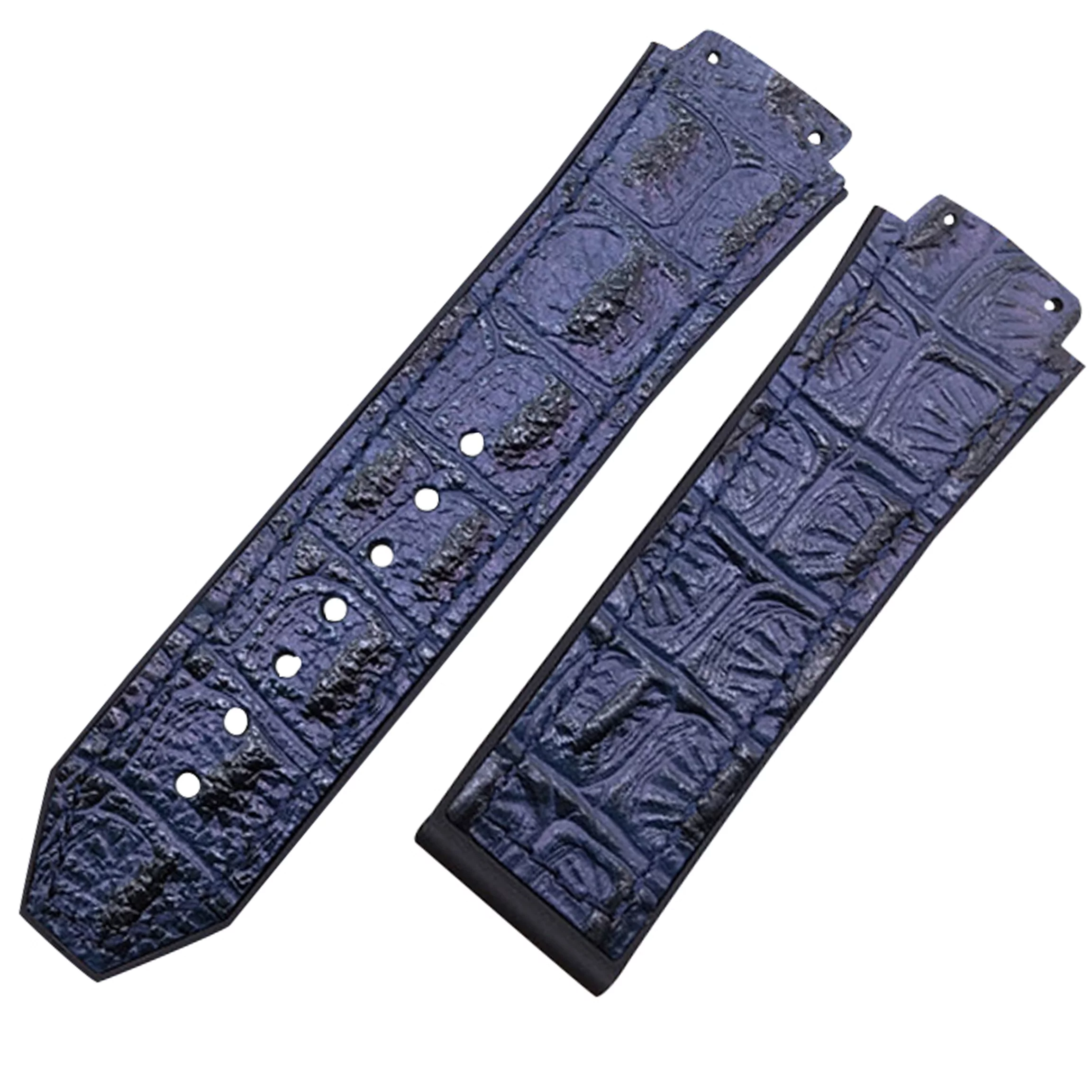 Corned:Horned Crocodile Hublog Big Bang Blue Blue Strap Band Hublot Big Bang 25x19mm in Printed Crocodile Hornback Leather
