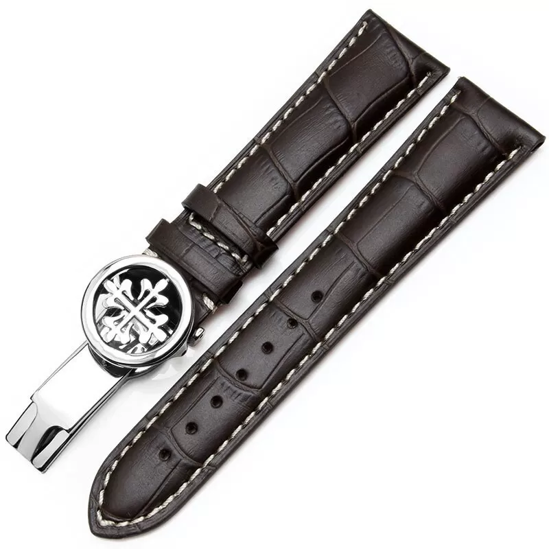 3_Convient-pour-Patek-Philippe-bracelet-en-cuir-dame-PP-boutons-papillon-ceinture-crocodile-qualit-originale-20MM Brown Strap For Calatrava Patek Philippe with White Stitching Leather Crocodile/Alligator Grain - 19, 20, 22, 24mm