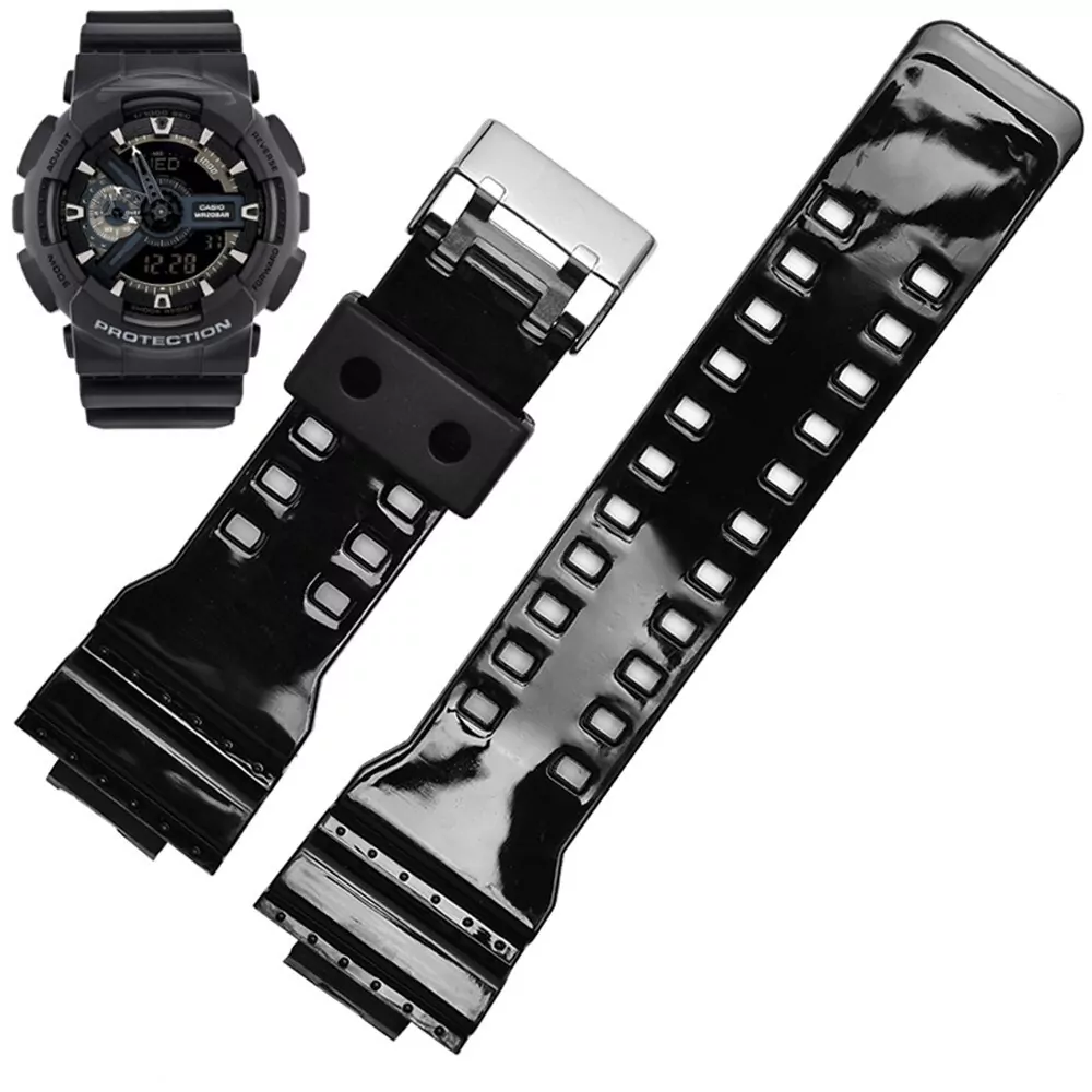 1_16mm-Silicone-Bracelet-de-montre-pour-Casio-g-shock-GA-100-110-120-150-200-300 Glossy Black Strap Casio G-Shock GA-Series 16mm In Rubber
