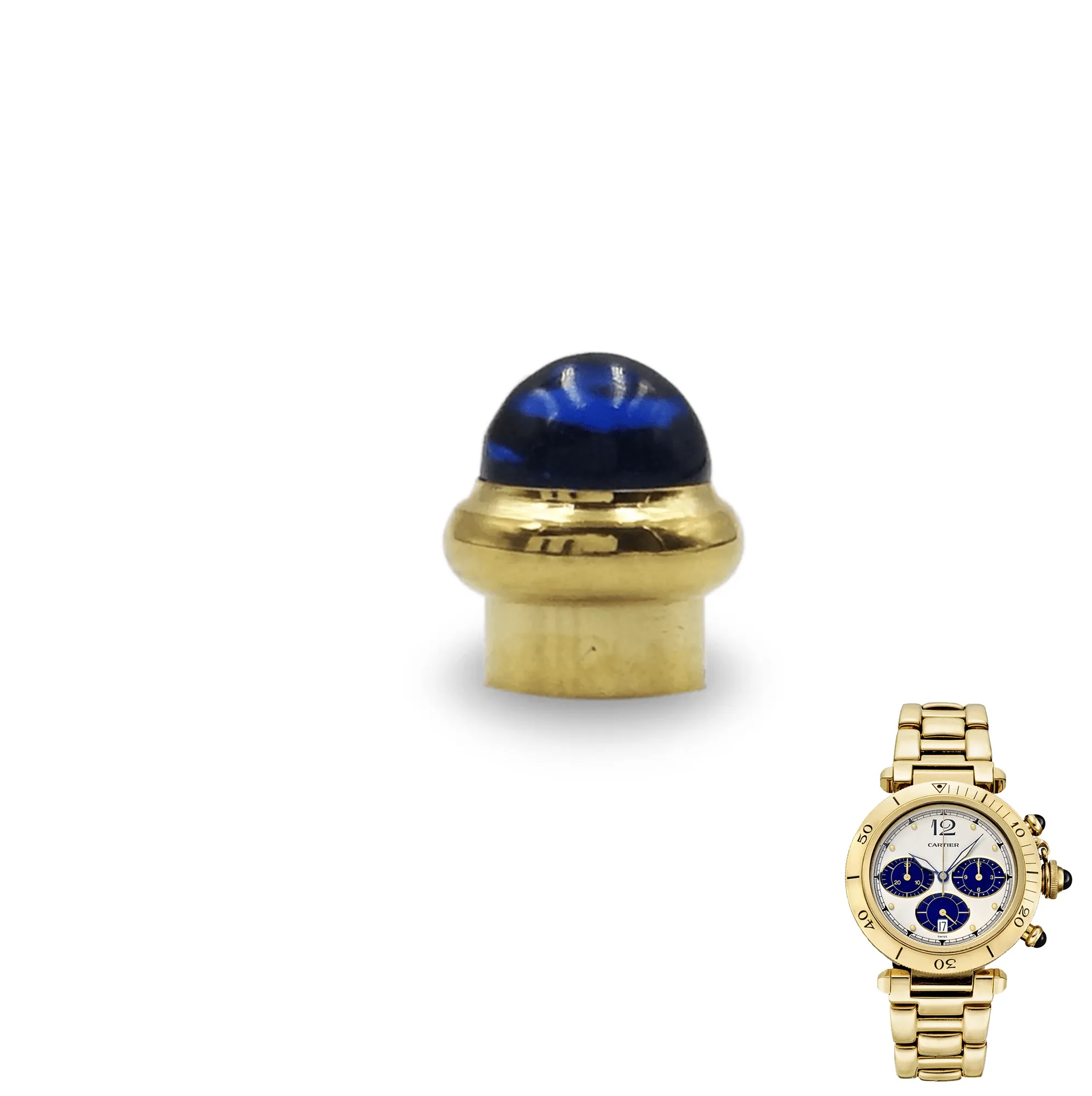 Crown-Cartier-push-button-chronograph-pasha-Aftermarket-sapphire3 Gold & Blue Push Button Pasha Chronograph Cartier Sapphire & Stainless Steel
