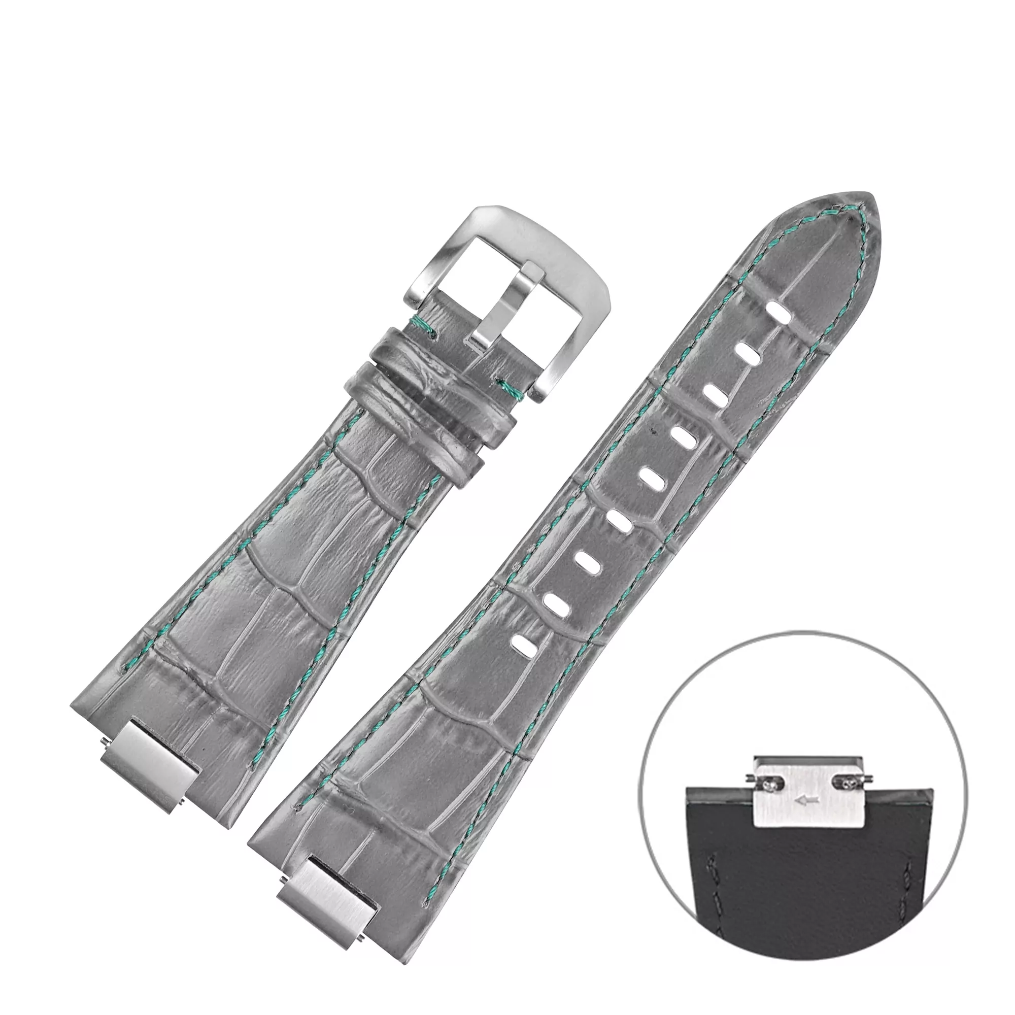 gray with tiffany blue stitching Gray & Ice Blue Strap Band for Tissot PRX Bracelet with Quick-Release in Alligator/Crocodile Grain with End Link 26x12mm