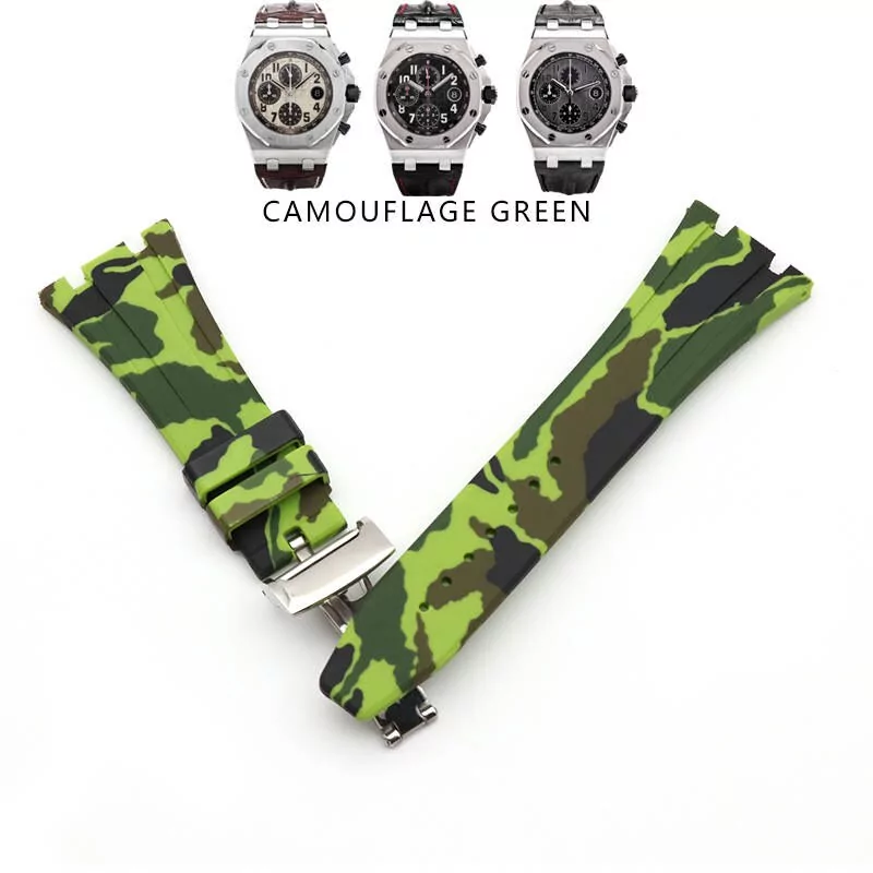 4_Bracelet-de-montre-en-caoutchouc-naturel-de-26mm-coloris-bracelet-de-montre-boucle-pliante-adapt-aux Green Camouflage Strap Royal Oak Kasparov Audemars Piguet 26mm in Rubber - Silver
