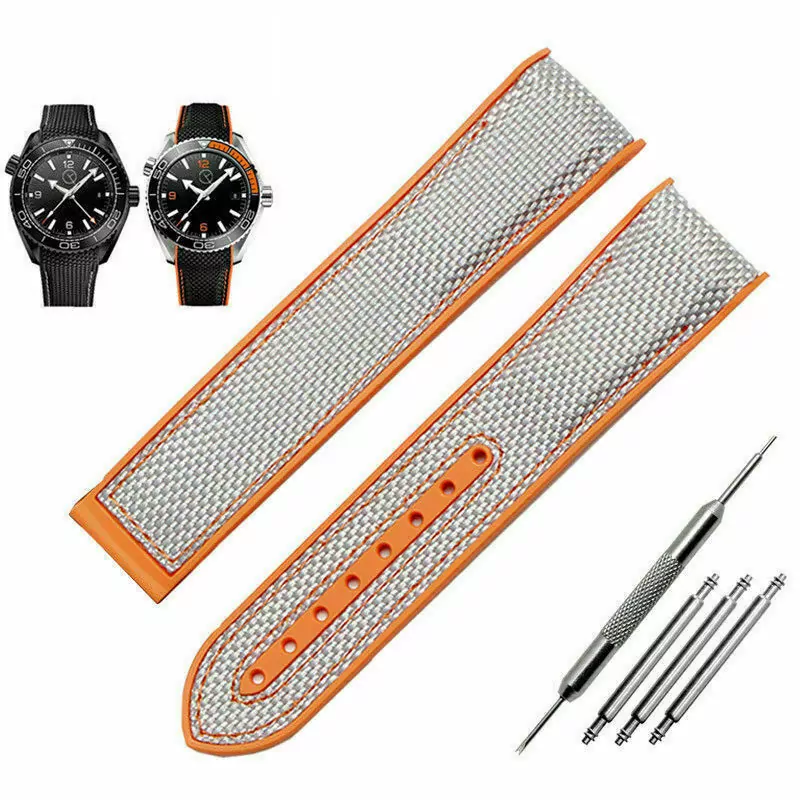 s-l1600 (4) Grey & Orange Strap Bracelet for Omega Seamaster in Nylon Rubber Back