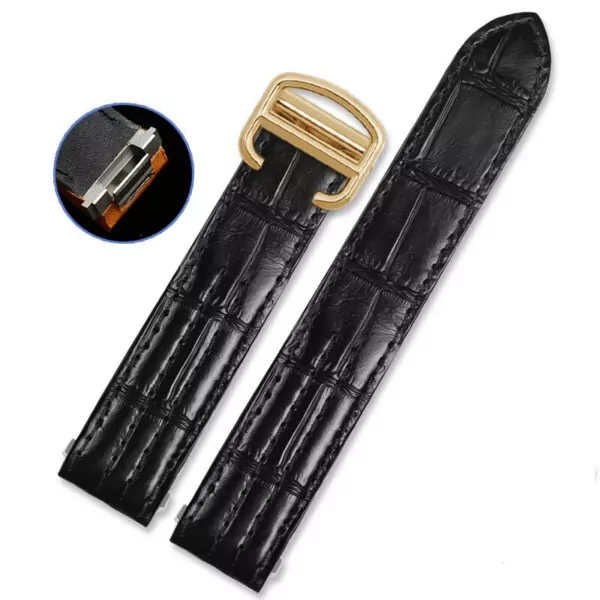 Black Crocodile Pattern Cartier Roadster Gold Buckle Black Leather Strap for Cartier Roadster in Crocodile Grain with Quick-Release System