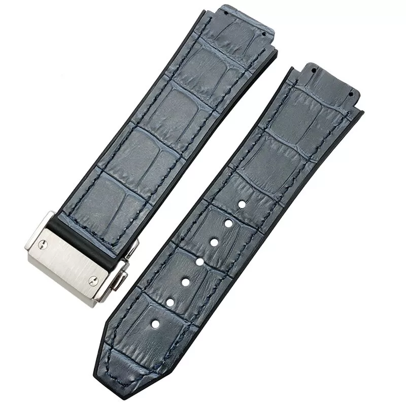 Blue Alligator Grain Leather & Rubber Strap for Hublot Big Bang, Classic Fusion...