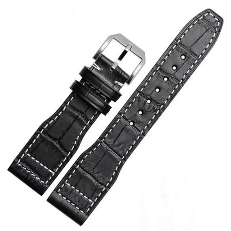 Luxe-bande-New-Black-21-mm-22-mm-v-ritable-bracelet-en-cuir-Bracelet-pour-IW Black Strap Band IWC Pilot Spitfire, Top Gun In Calf Leather with printed Crocodile/Alligator Grain with White Stitching 20,21,22mm