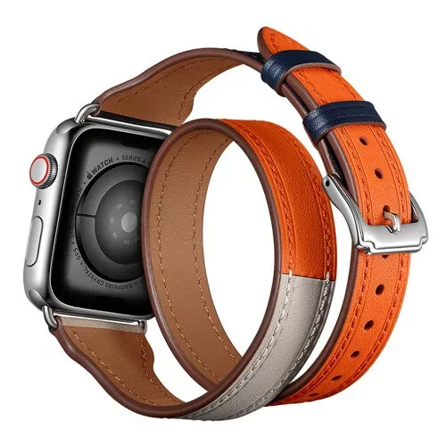 Orange blue_racelet-en-cuir-pour-bracelet-de-montre_variants-0 Navy Blue, White & Orange Double Tour Slim Band Apple iWatch Hermes In Leather