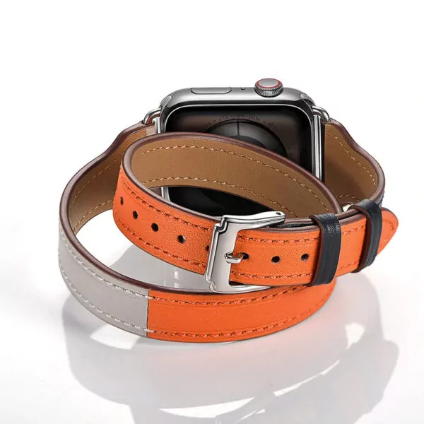 racelet-en-cuir-pour-bracelet-de-montre_description-6 Navy Blue, White & Orange Double Tour Slim Band Apple iWatch Hermes In Leather