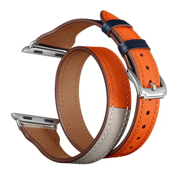 racelet-en-cuir-pour-bracelet-de-montre_description-3 Navy Blue, White & Orange Double Tour Slim Band Apple iWatch Hermes In Leather