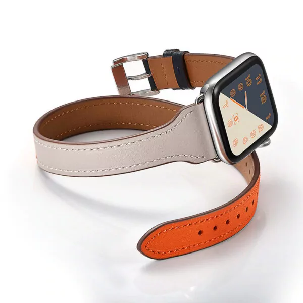racelet-en-cuir-pour-bracelet-de-montre_description-2 Navy Blue, White & Orange Double Tour Slim Band Apple iWatch Hermes In Leather