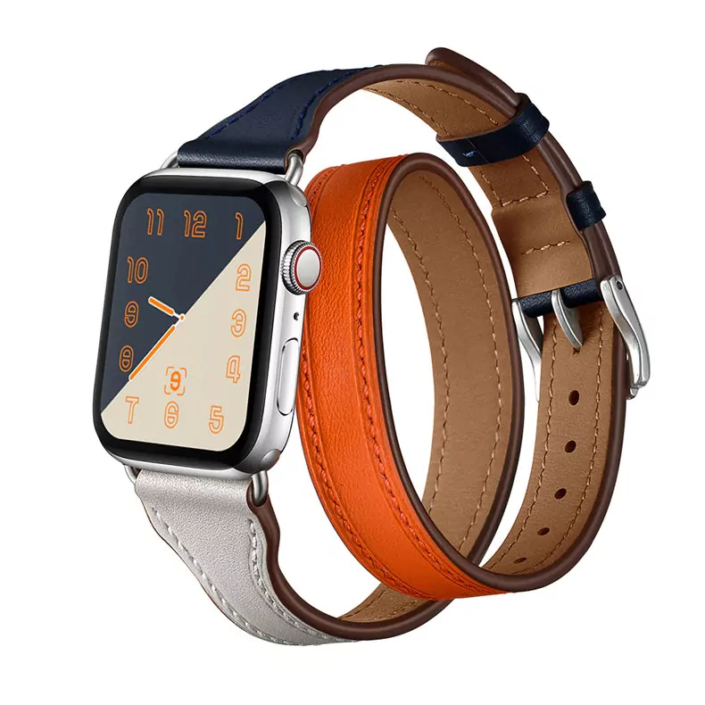racelet-en-cuir-pour-bracelet-de-montre_description-0 Navy Blue, White & Orange Double Tour Slim Band Apple iWatch Hermes In Leather