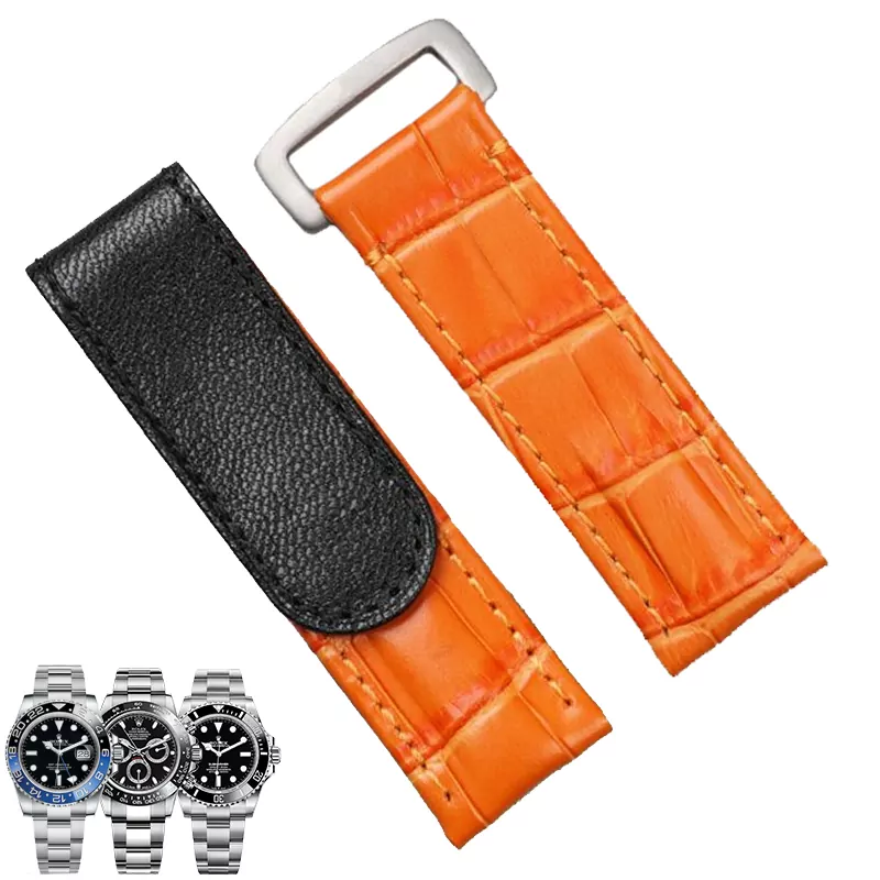 orange and silver_20-mm-watch-band-green-brown-blue-black-o_variants-7 Orange Velcro Strap Bracelet for Rolex Submariner, Daytona, GMT I & II in Crocodile Leather Grain - 20mm