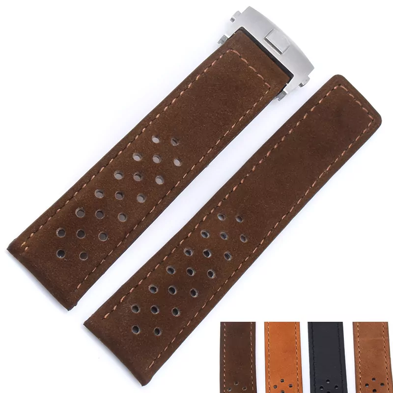 Doux-mat-bracelet-en-cuir-22-MM-pour-HEUER-CARRERA-5-LECTEUR-MINUTERIE-HEUER-MONACO-Hommes Perforated Brown Nubuck Leather Strap for TAG Heuer - 22mm