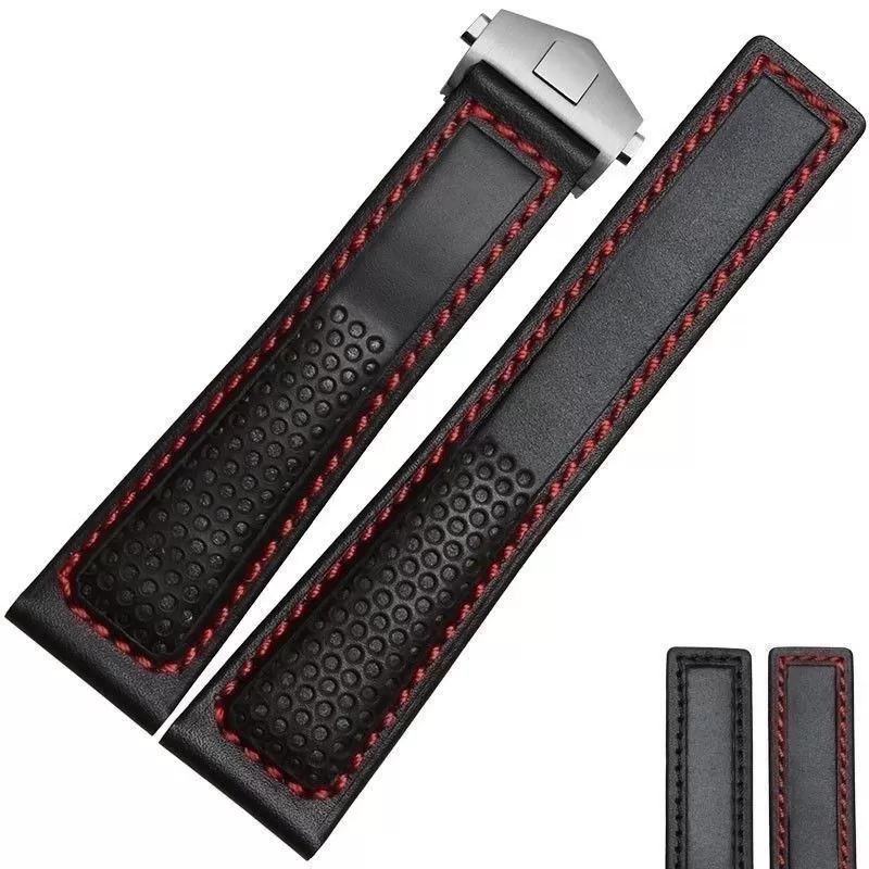 Perforated-Red-Black-bracelet-FOR-TAG-Heuer-leather-band-22MM-monaco-carrera-153338443616 Perforated Racing Black Strap for TAG Heuer Leather With Red Stitches - 22mm
