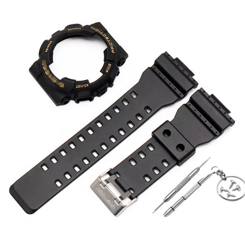 5_1-ensemble-bracelet-de-montre-souple-en-Silicone-bracelet-de-montre-housse-de-protection-pour-Casio Black & Gold Case & Strap Casio G-Shock GA-Series 16mm In Rubber