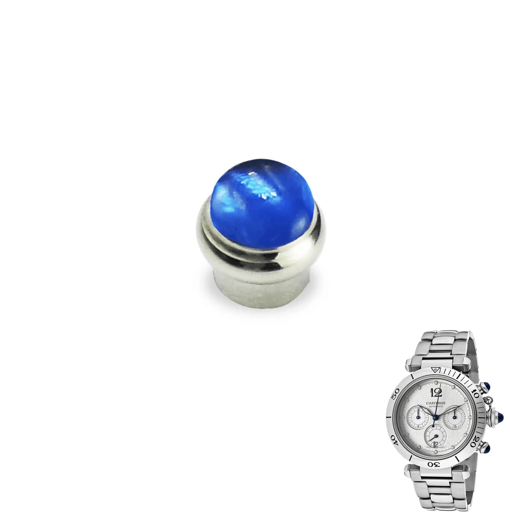 Crown-Cartier-push-button-chronograph-pasha-Aftermarket-sapphire6 Silver & Blue Push Button Pasha Chronograph Cartier Sapphire & Stainless Steel