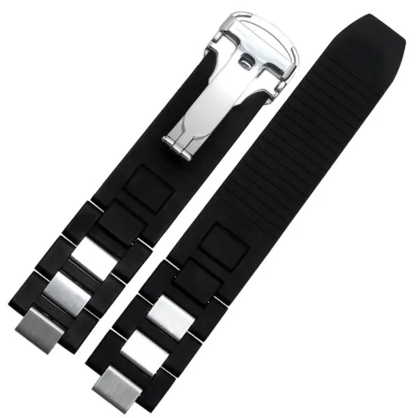 Silicone-20mm-Hommes-Bracelet-En-Caoutchouc-de-Bande-de-Montre-21-Chronoscaph-Acier-Inoxydable-Lien-Sp Steel & Black Rubber Strap Bracelet for Cartier 21 Chronoscaph